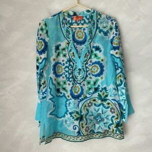 Hale Bob Cabana Artsy Silk Blend Beaded V-Neck Beach Cover Tunic sz small blue